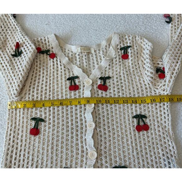 Rebellion Crocheted Cardigan Women's Open Knit Cherries Buttons Cropped Boho M - Picture 3 of 8